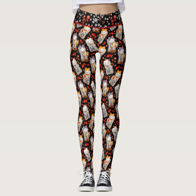 Black Japansk Maneki Neko Cat Wave Cat Leggings (Framsida)