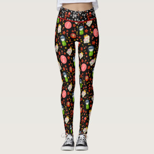 Black Japanska Maneki Neko Cat och Geisha Leggings