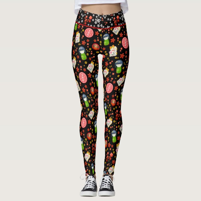 Black Japanska Maneki Neko Cat och Geisha Leggings (Framsida)