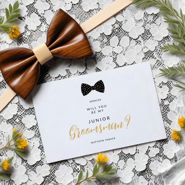 Black Jr Groomsman Vintage Bow Wedding Proposal Vykort (Cute Black & Faux Gold Polka Dots Vintage Bow Tie Junior Groomsman Wedding Proposal Postcard.)