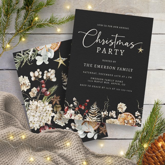 Black jul Party Inbjudningar (Black Rustic Boho Christmas Party Invitation by Painted Paperie
)