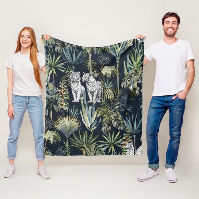 Black Jungle White Tigers Fleece Blanket (På plats)