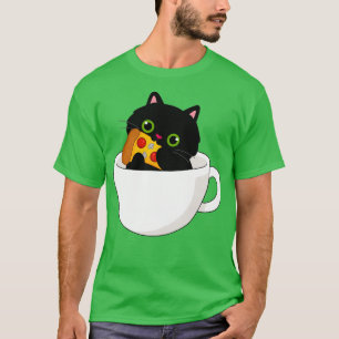Black Kattunge i Tea Kopp Nom Nom på Pizza T Shirt
