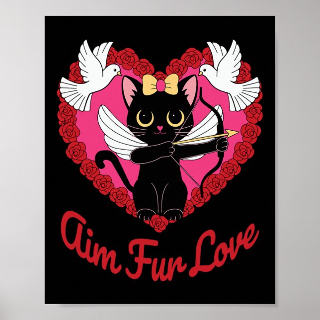 Black Kawaii Cat cupid med hjärta och Ro mot Päls Poster (Framsidan)