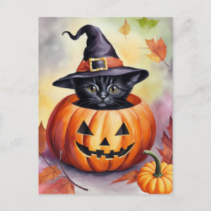 Black Kitten Halloween Pumpkin Witch Hat Vykort