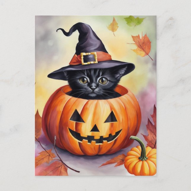 Black Kitten Halloween Pumpkin Witch Hat Vykort (Framsida)