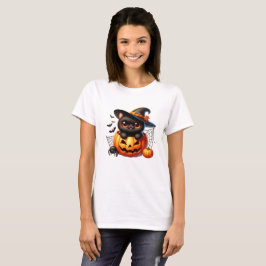 Black Kitten i en Halloween-pumkin T Shirt