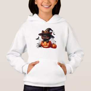 Black Kitten i en Halloween Pumpkin T Shirt