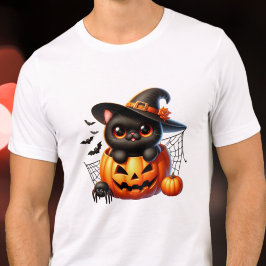Black Kitten i en Halloween Pumpkin T Shirt