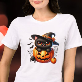 Black Kitten i en Halloween Pumpkin T Shirt