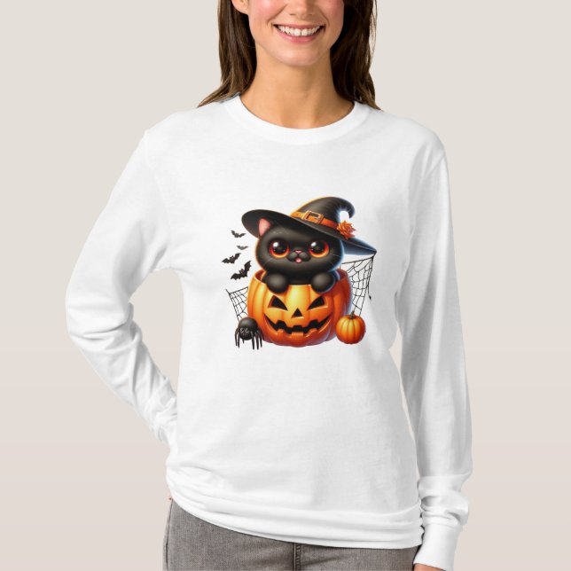 Black Kitten i en Halloween Pumpkin T Shirt (Framsida)