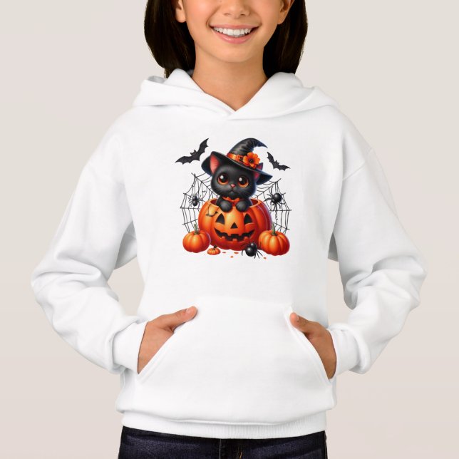 Black Kitten i en Halloween Pumpkin T Shirt (Framsida)
