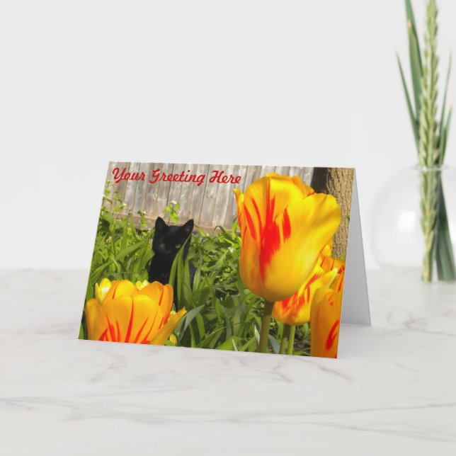 Black Kitten i Tulips-hälsningskort Kort (Framsida)