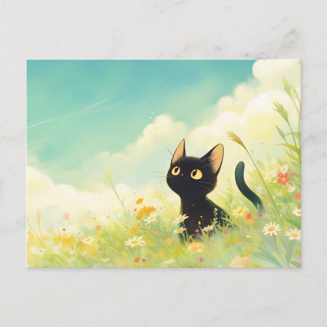 Black Kitten in Sunny Wildflower Summer Meadow Vykort (Framsida)