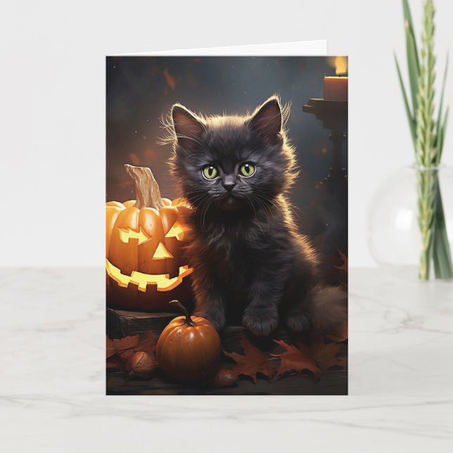 Black Kitten med Pumpkin Halloween Helgkort (Framsida)
