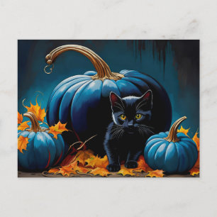 Black Kitten och Blue Måne Pumpkins Höst löv Helg Vykort
