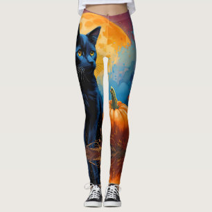 Black Kitten Pumpkin Full Moon Höst löv Leggings