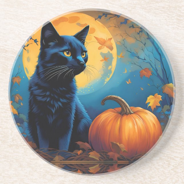 Black Kitten Pumpkin Full Moon Höst löv Underlägg (Framsidan)