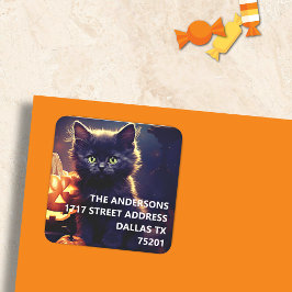 Black Kitten & Pumpkins Halloween Adress Sticker Fyrkantigt Klistermärke