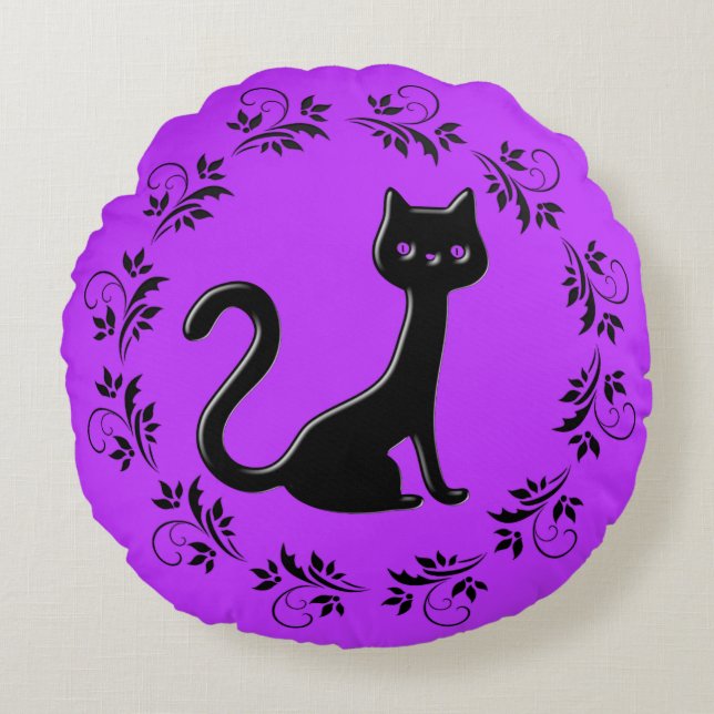 Black Kittens Tecknad 11 Rund Kudde (Framsidan)