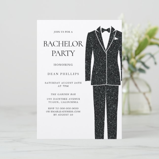Black Kostym & Tie Champagne Shimmer Bachelor Part Inbjudningar (Stående Fram)