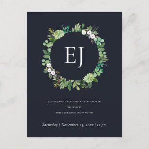 BLACK KRAFT FOLIAGE WREATH MONOGRAM PAR SHOWER INBJUDAN VYKORT