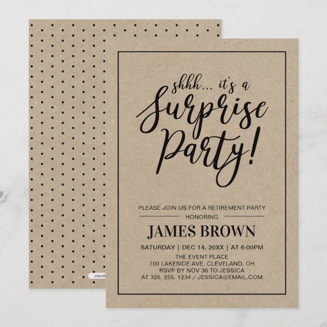 Black & Kraft | Modern överraskning Pension Party Inbjudningar (Fram/baksida)