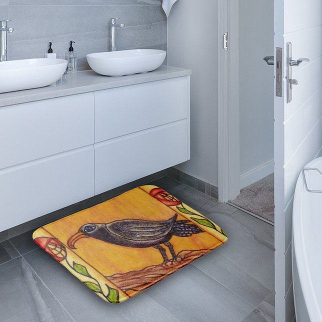 Black Kråka Art Deco Ro Folk Art Badrumsmatta (Black crow on branch with red flowers on stem on golden yellow bath rug.)