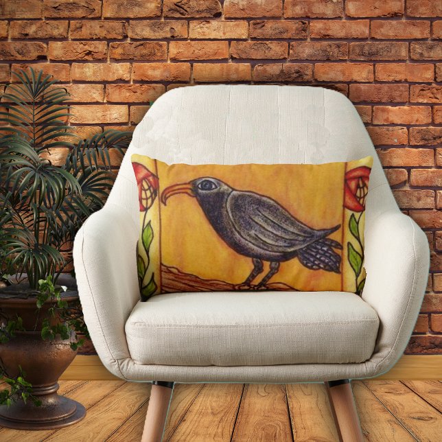 Black Kråka Art Deco Ro Folk Art Lumbarkudde (Black crow red flowers on stems on golden yellow home decor pillow.)
