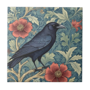 Black Kråka Bird William Morris stil Höger vänd mo Kakelplatta