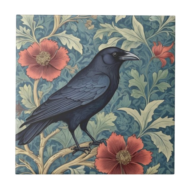 Black Kråka Bird William Morris stil Höger vänd mo Kakelplatta (Framsidan)