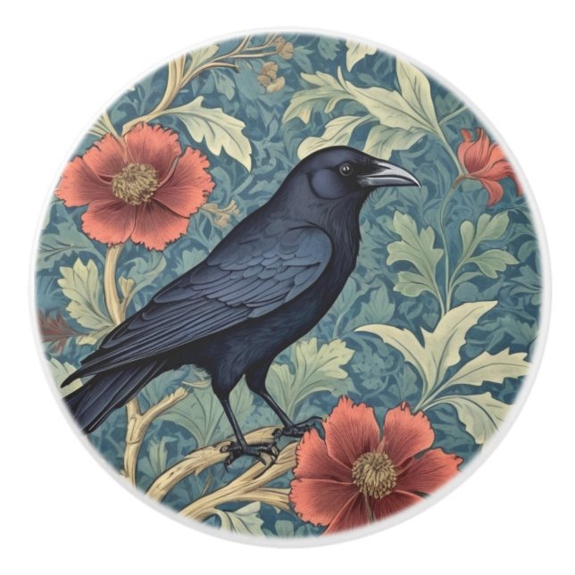 Black Kråka Bird William Morris stil Höger vänd mo Knopp (Framsidan)
