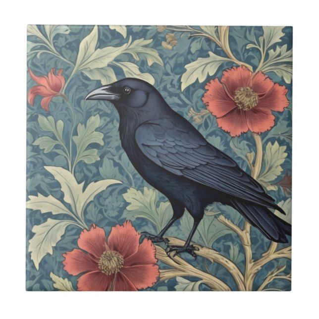 Black Kråka Bird William Morris stil Lämnat vänd m Kakelplatta (Framsidan)