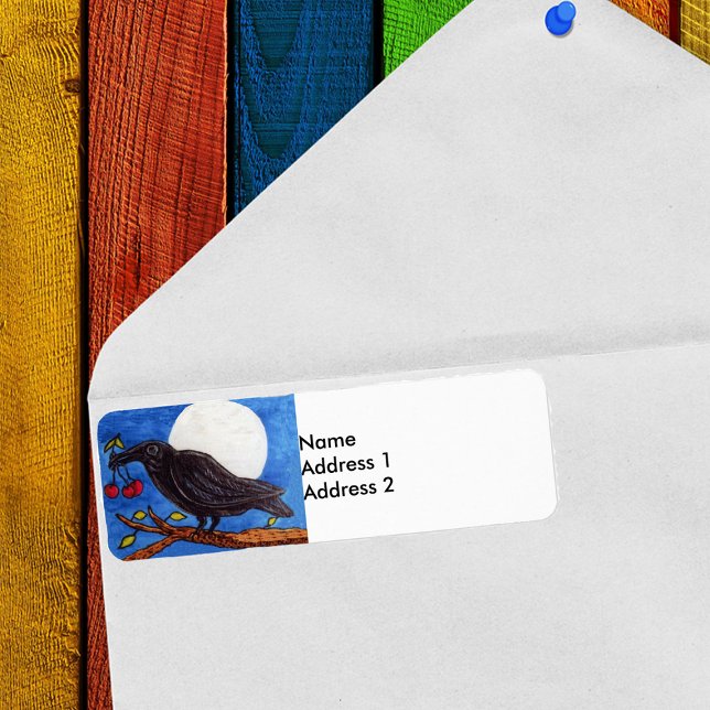 Black Kråka Cherries Moonlight Returadress Etikett (Black crow holding cherries full moon on a branch return address labels.)