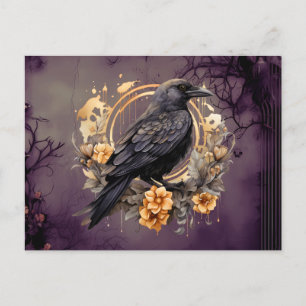 Black Kråka Guld Grått Flowers Foliage Halloween Helg Vykort