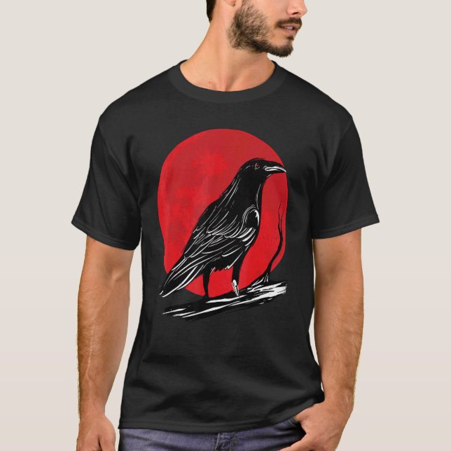 Black Kråka Occult Japan Gothic Raven Bird Red Mån T Shirt (Framsida)