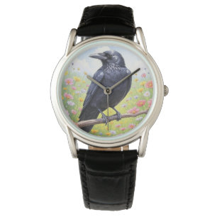 Black Kråka Raven Blommigt Armbandsur
