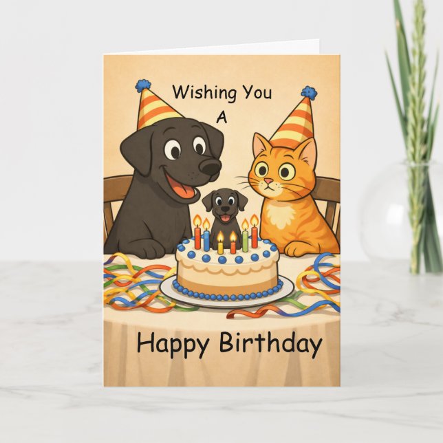 Black Lab & Cat Birthday Card – Happy Birthday Kort (Framsida)