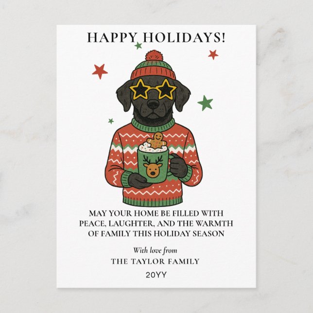 Black Lab Dog Ugly Sweater Christmas Helg Vykort (Framsida)