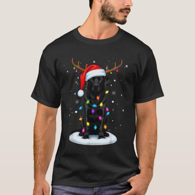 Black Lab Labrador Christmas Dog Reindeer Lights P T Shirt (Framsida)