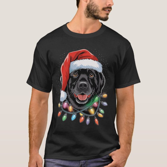 Black Lab Labrador Christmas Tree Light Pajama Dog T Shirt (Framsida)