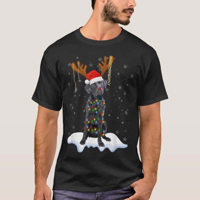 Black Lab Labrador Christmas Tree Light Pajama Dog T Shirt (Framsida)