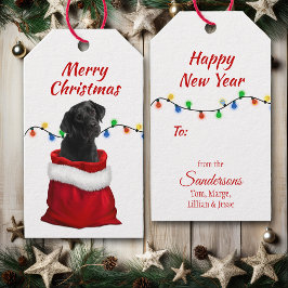 Black Labour Retriever Puppy i Santa Bag Presentetikett