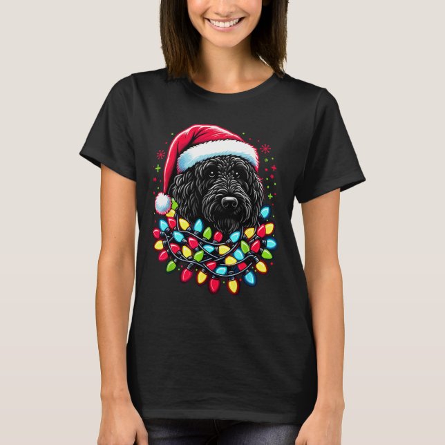 Black Labradoodle Christmas Tree Xmas Lights Doodl T Shirt (Framsida)