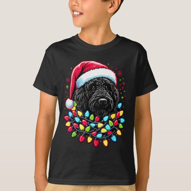 Black Labradoodle Christmas Tree Xmas Lights Doodl T Shirt (Framsida)