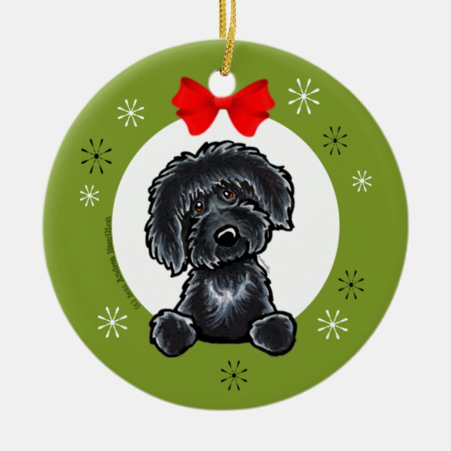 Black Labradoodle-julklapp, klassiskt Julgransprydnad Keramik (Framsidan)