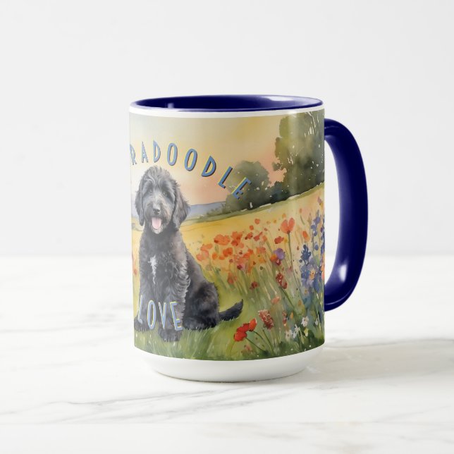 Black Labradoodle Puppy, Anpassade Sunrise Mugg (Framsida höger)