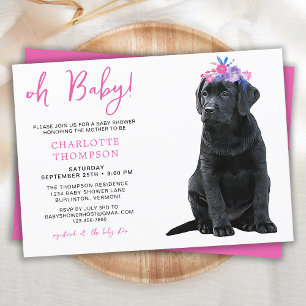 Black Labrador Baby Shower Puppy Hund Rosa Girl Inbjudningar