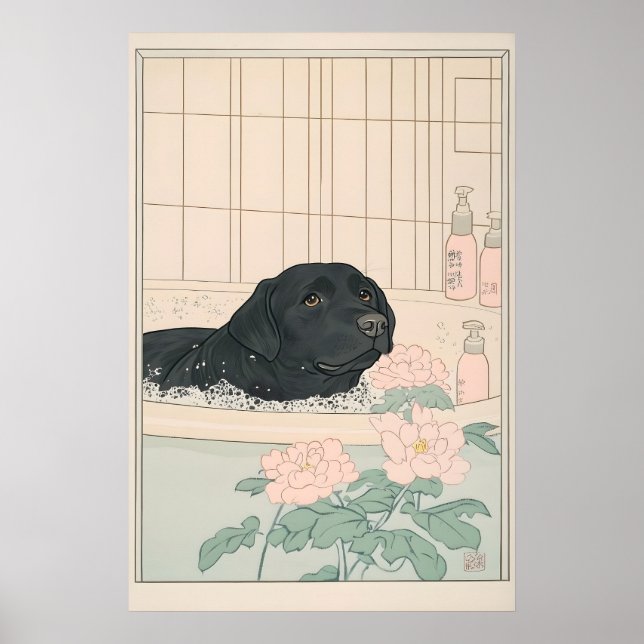 Black Labrador Bathroom Print Japandi Ukiyo-e Poster (Framsidan)