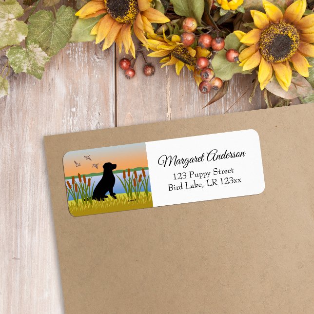 Black Labrador Bird Hund Sunset Returadress Etikett (Black Labrador Silhouette Design Return Address Label for Labrador Owners.  Bird Dog design.)